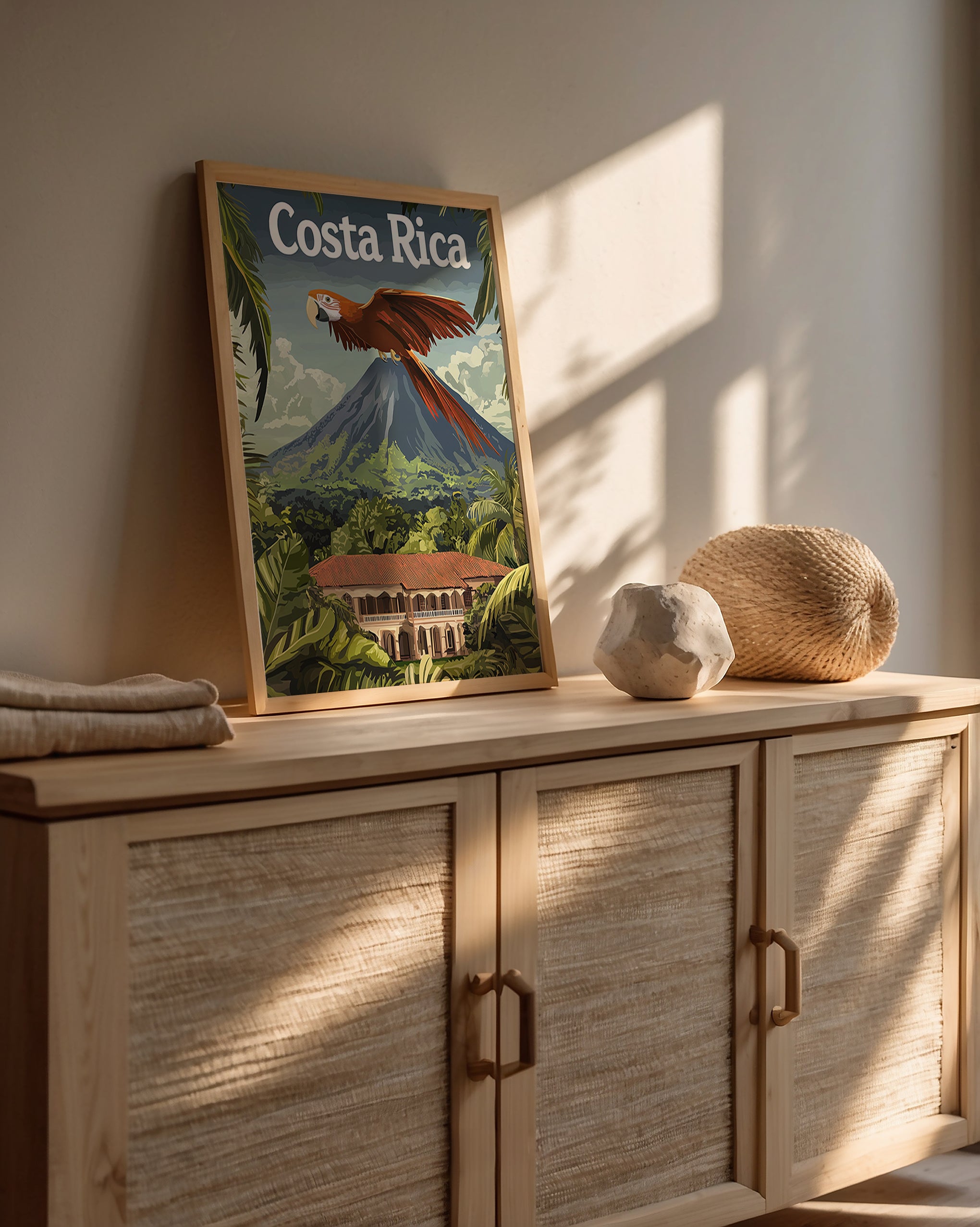 Vintage travel poster of Costa Rica featuring a scarlet macaw and mountains, perfect for wall art in a tropical-themed decor.