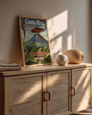 Vintage travel poster of Costa Rica featuring a scarlet macaw and mountains, perfect for wall art in a tropical-themed decor.