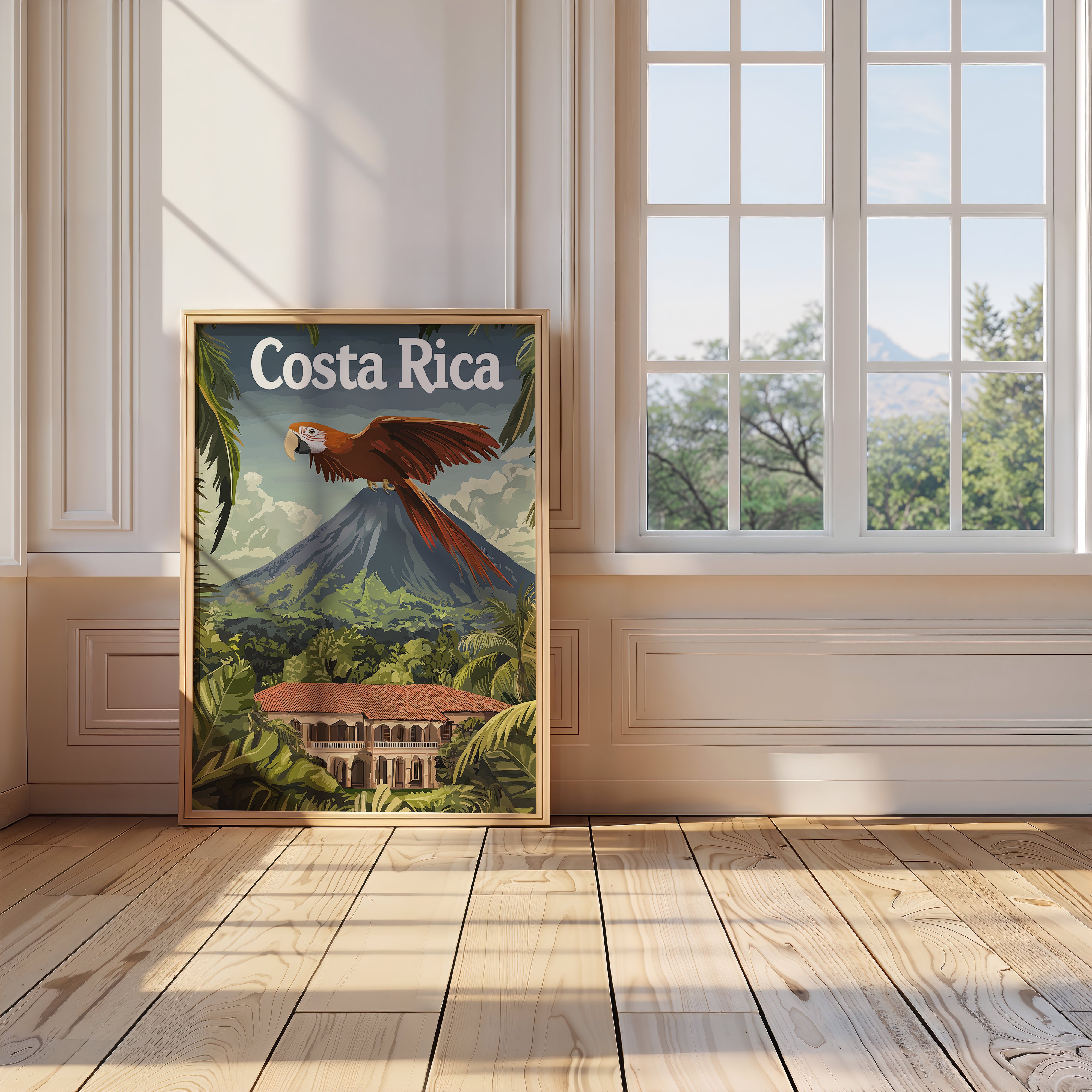 Vintage travel poster of Costa Rica featuring a scarlet macaw, mountains, and a Spanish-style villa in lush landscape.