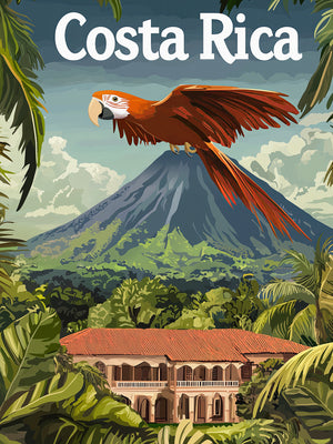 Vintage travel poster showcasing Costa Rica with a scarlet macaw, lush landscape, volcano, and Spanish-style villa.