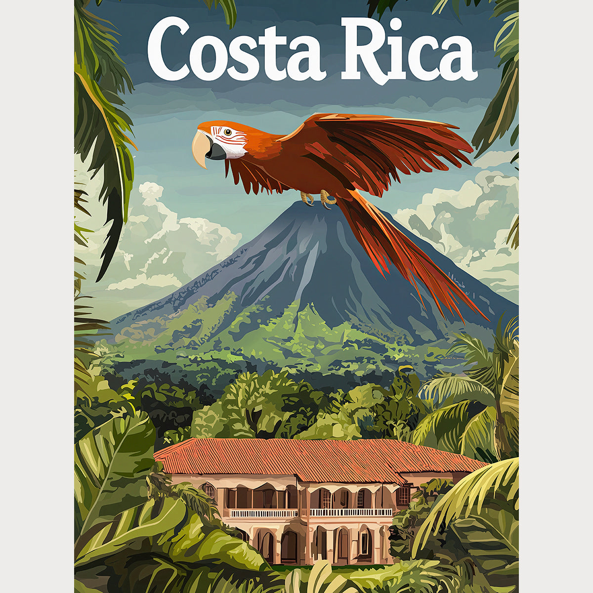 Vintage travel poster of Costa Rica featuring a scarlet macaw, a villa, and a volcano amidst a lush landscape.