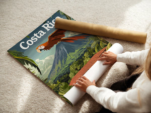 Person unrolling a vintage travel poster of Costa Rica with a scarlet macaw and lush landscape.