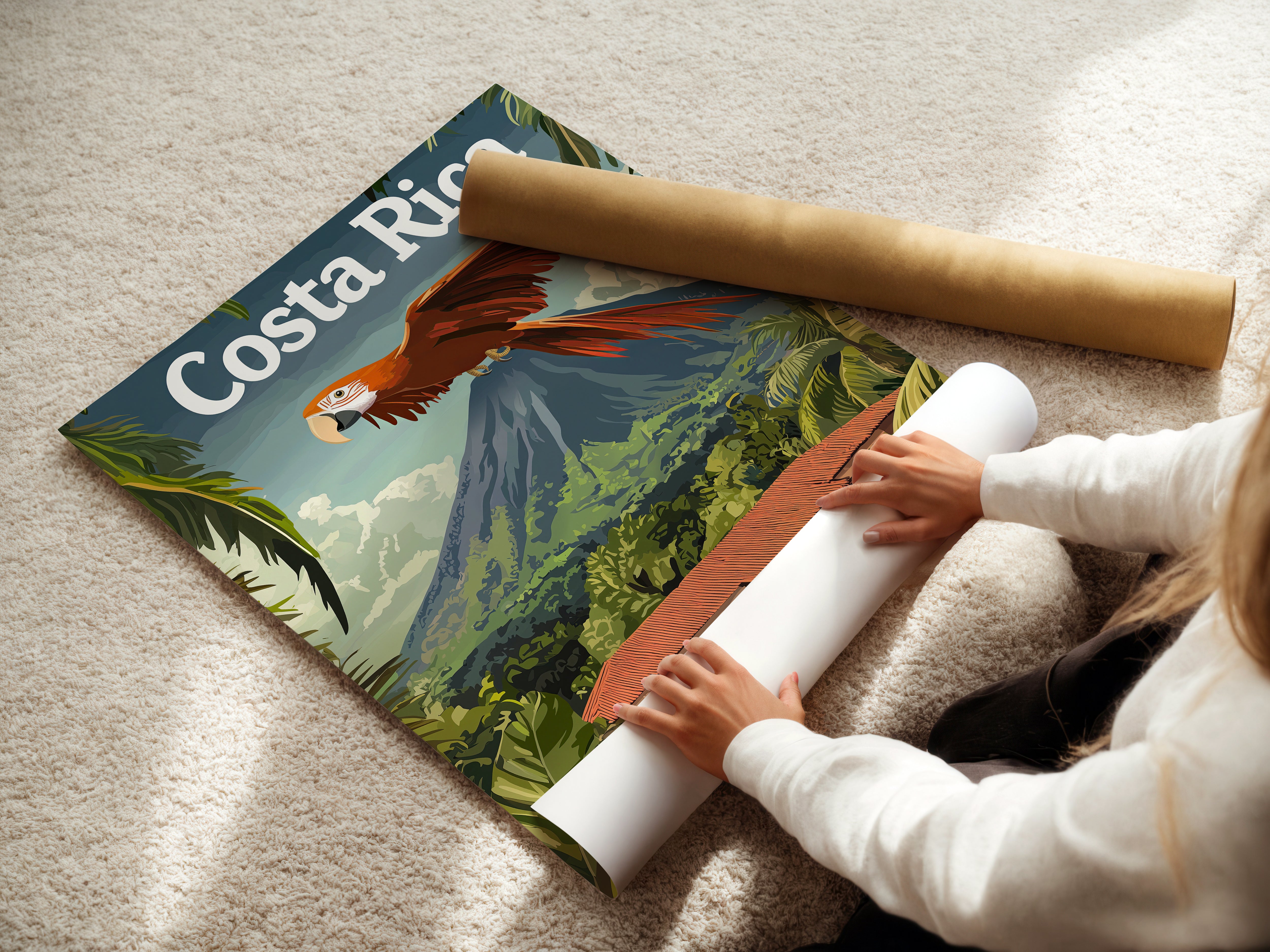 Person unrolling a vintage travel poster of Costa Rica with a scarlet macaw and lush landscape.