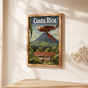 Vintage travel poster of Costa Rica featuring a scarlet macaw, mountains, and Spanish-style villa in lush landscape.