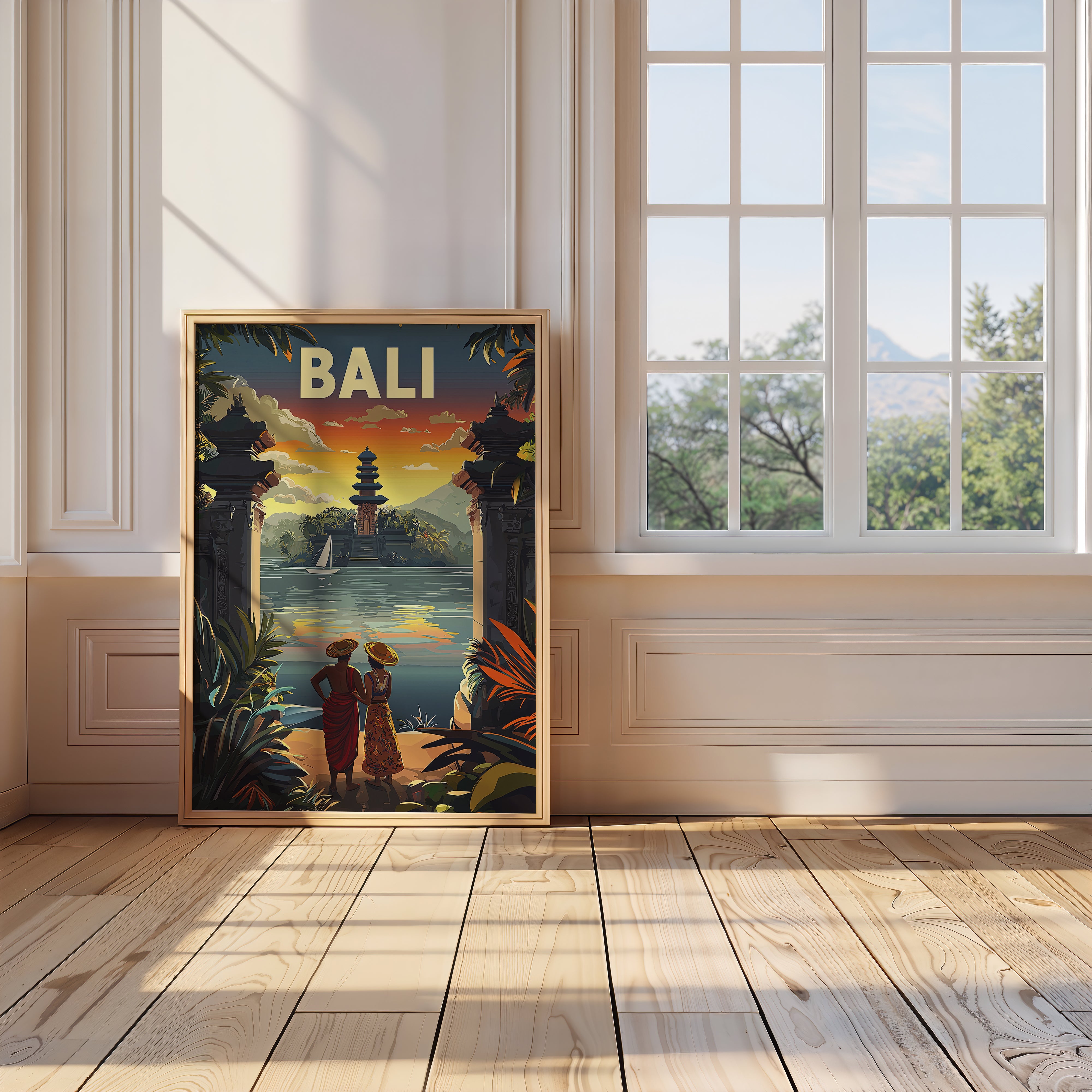 Vintage travel poster of Bali featuring a couple by the water at sunset framed by temple gates.