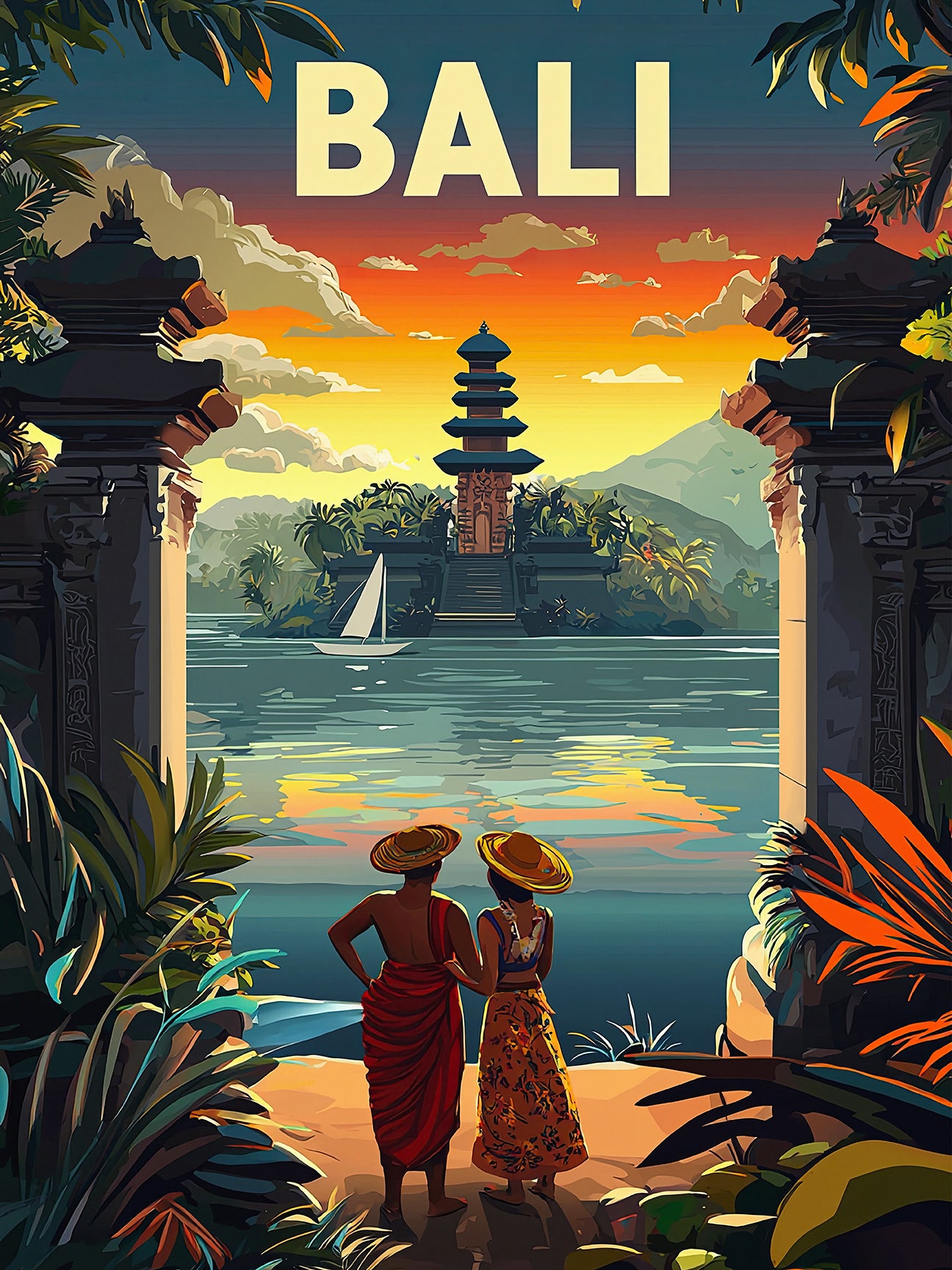 Bali sunset travel poster featuring a couple by tranquil waters with temple silhouette and lush foliage.