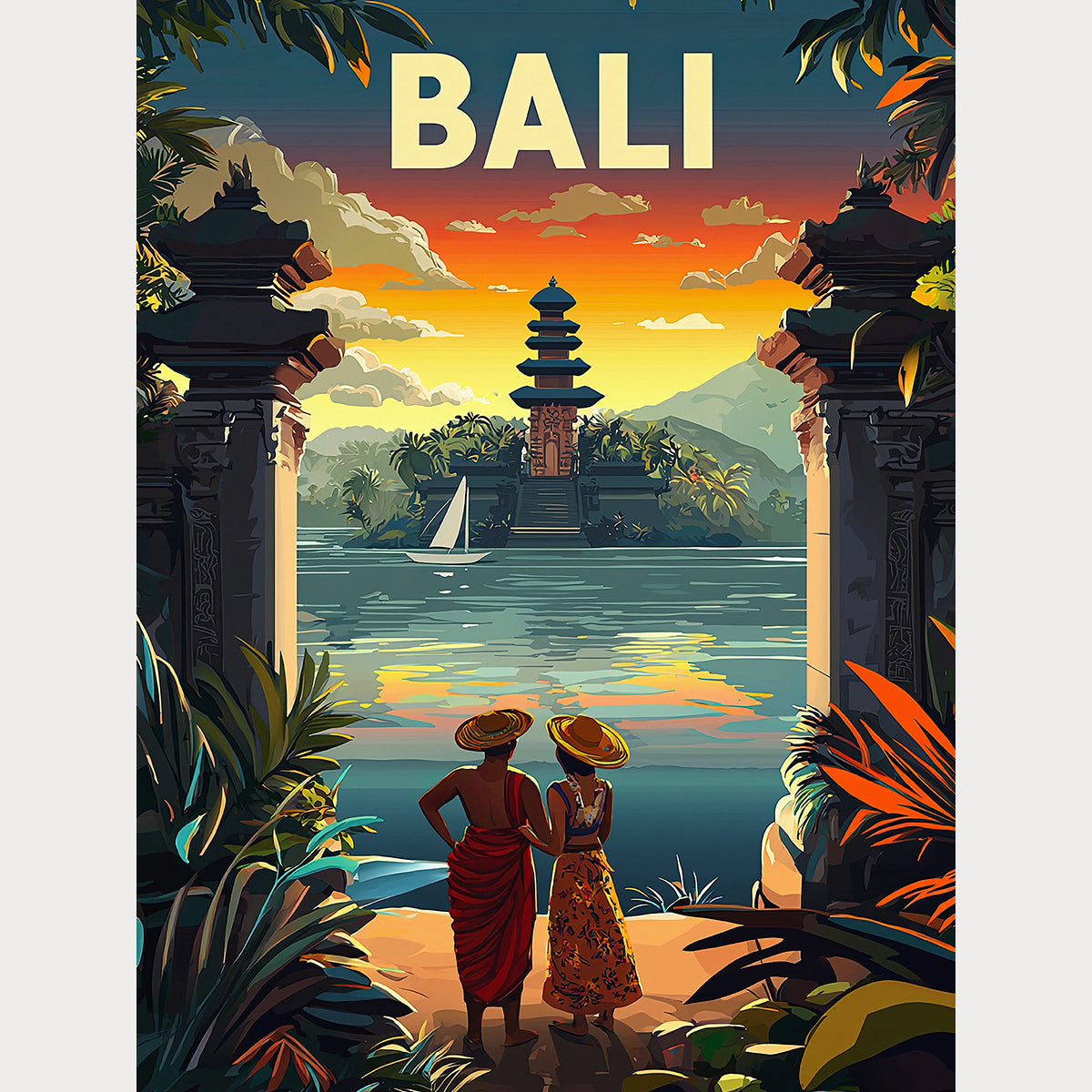 Bali sunset travel poster featuring a couple at a temple by tranquil waters adorned with flowers and lush jungle.