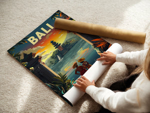 Vintage travel poster of Bali featuring a sunset, temple silhouette, and a couple by the water, ideal for wall art.