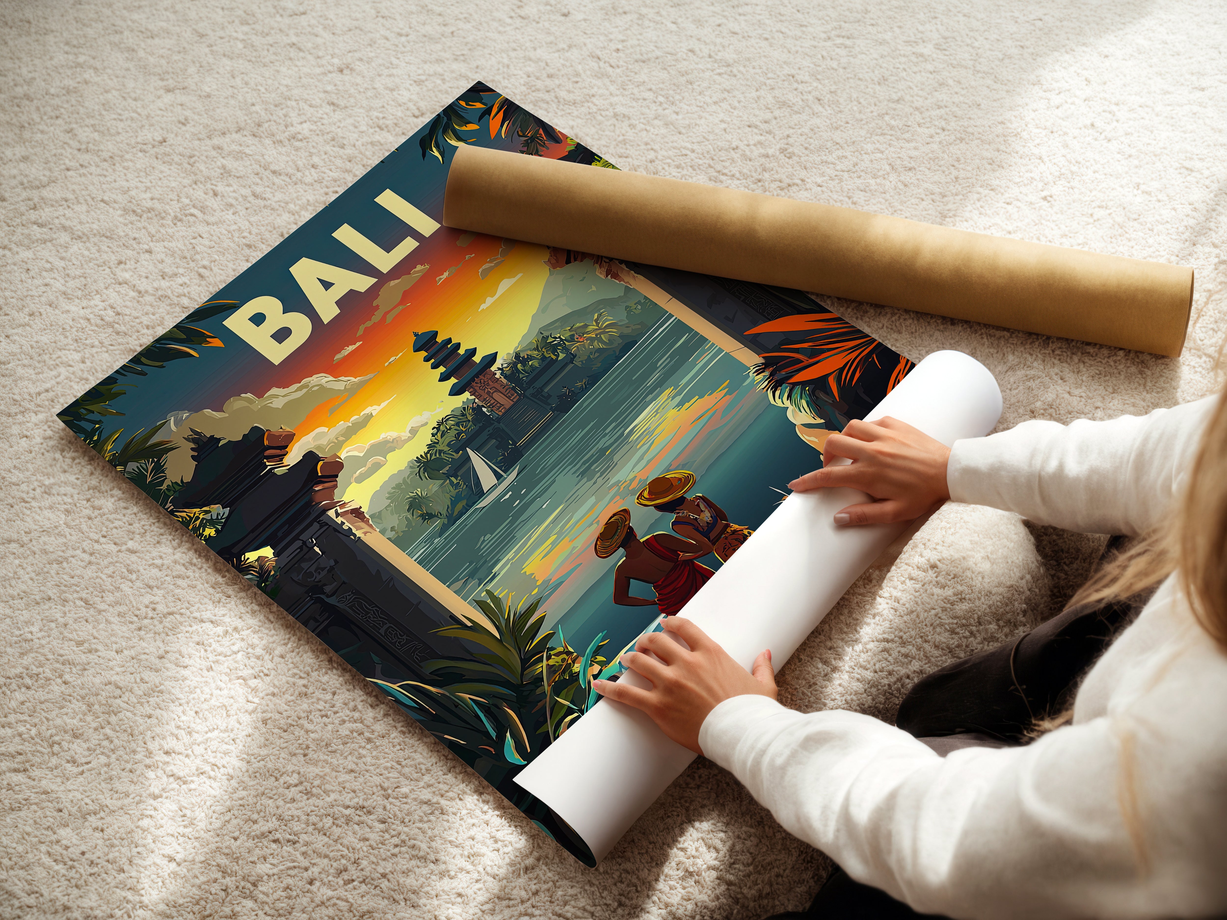 Vintage travel poster of Bali featuring a sunset, temple silhouette, and a couple by the water, ideal for wall art.