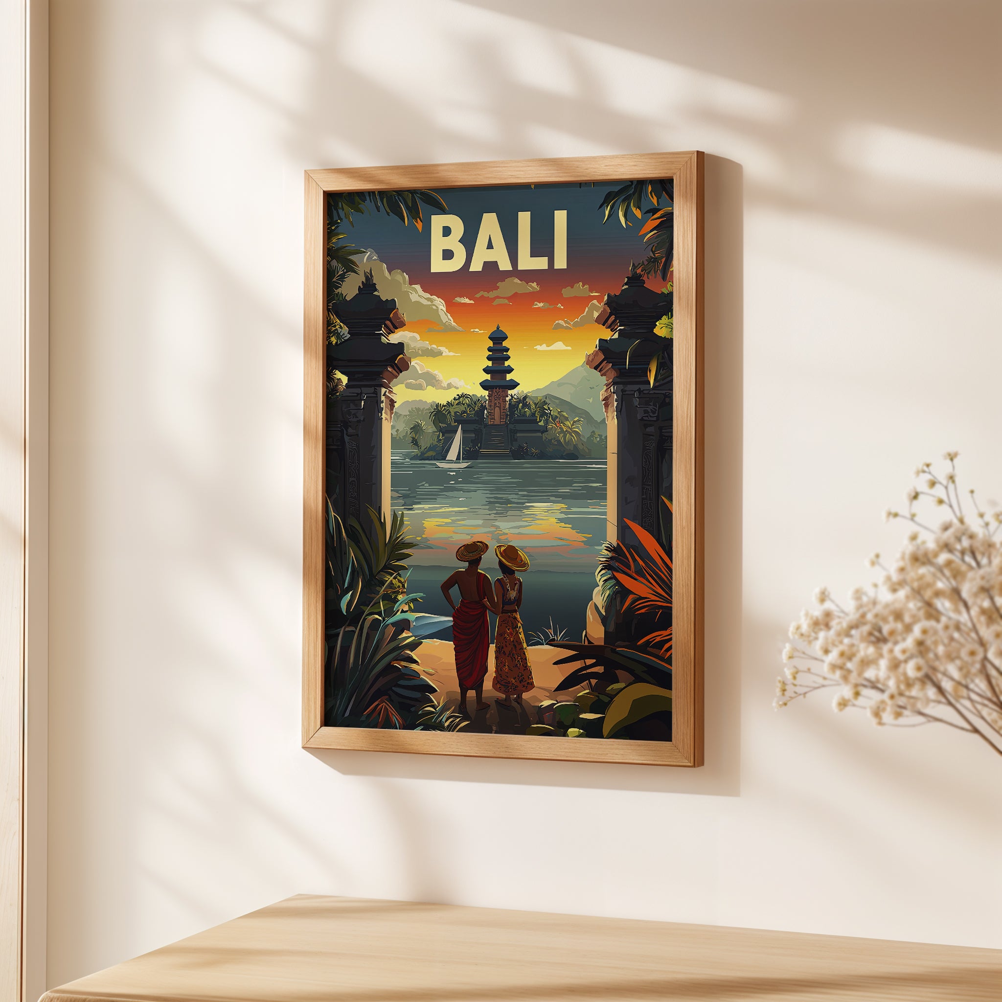 Bali sunset journey vintage travel poster featuring a couple by the water with tropical flowers and temple silhouette.