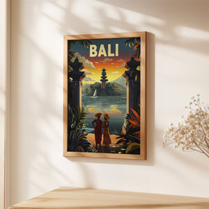 Bali sunset journey vintage travel poster featuring a couple by the water with tropical flowers and temple silhouette.
