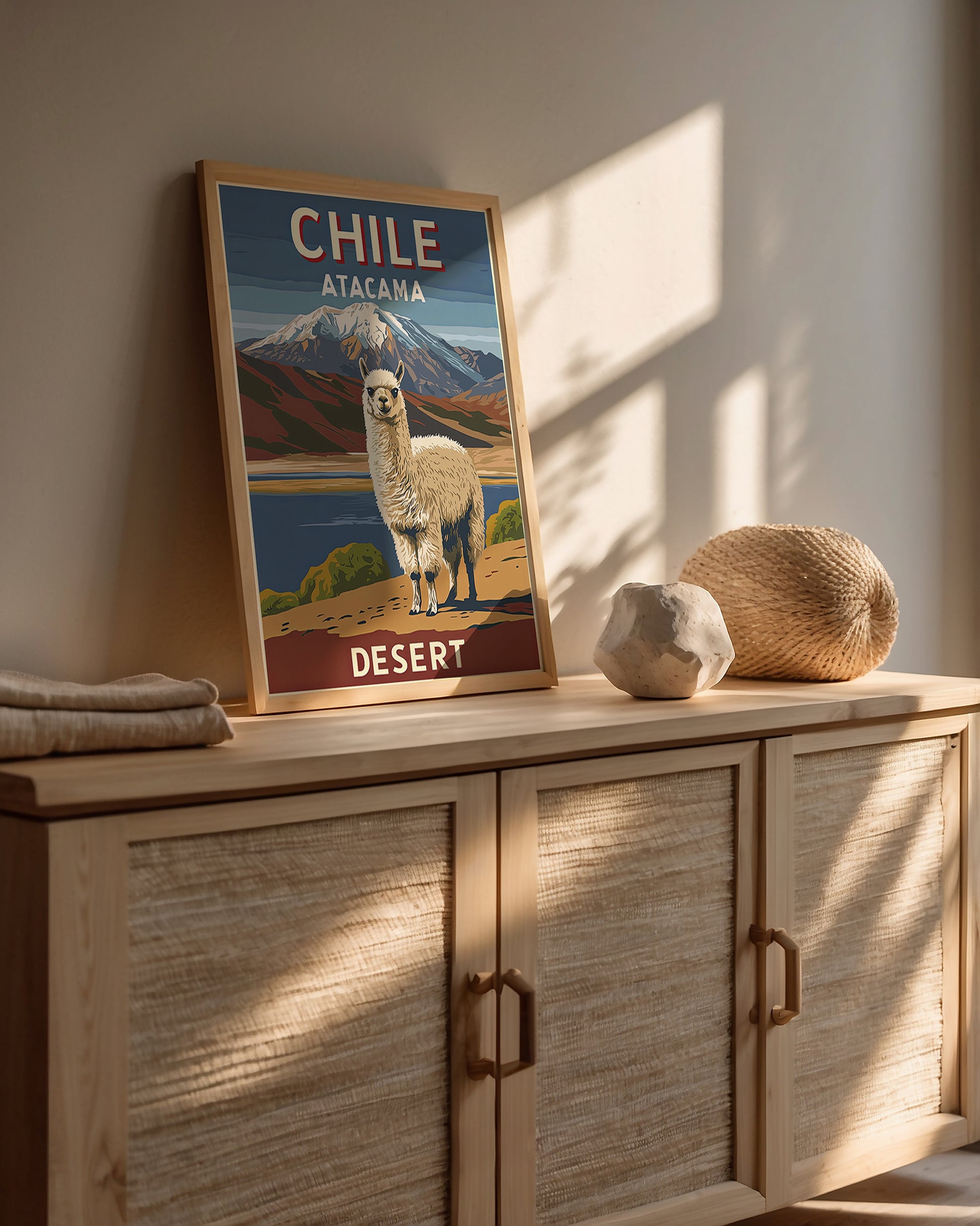 Vintage travel poster of Chile's Atacama Desert featuring an alpaca and the Andes mountains.