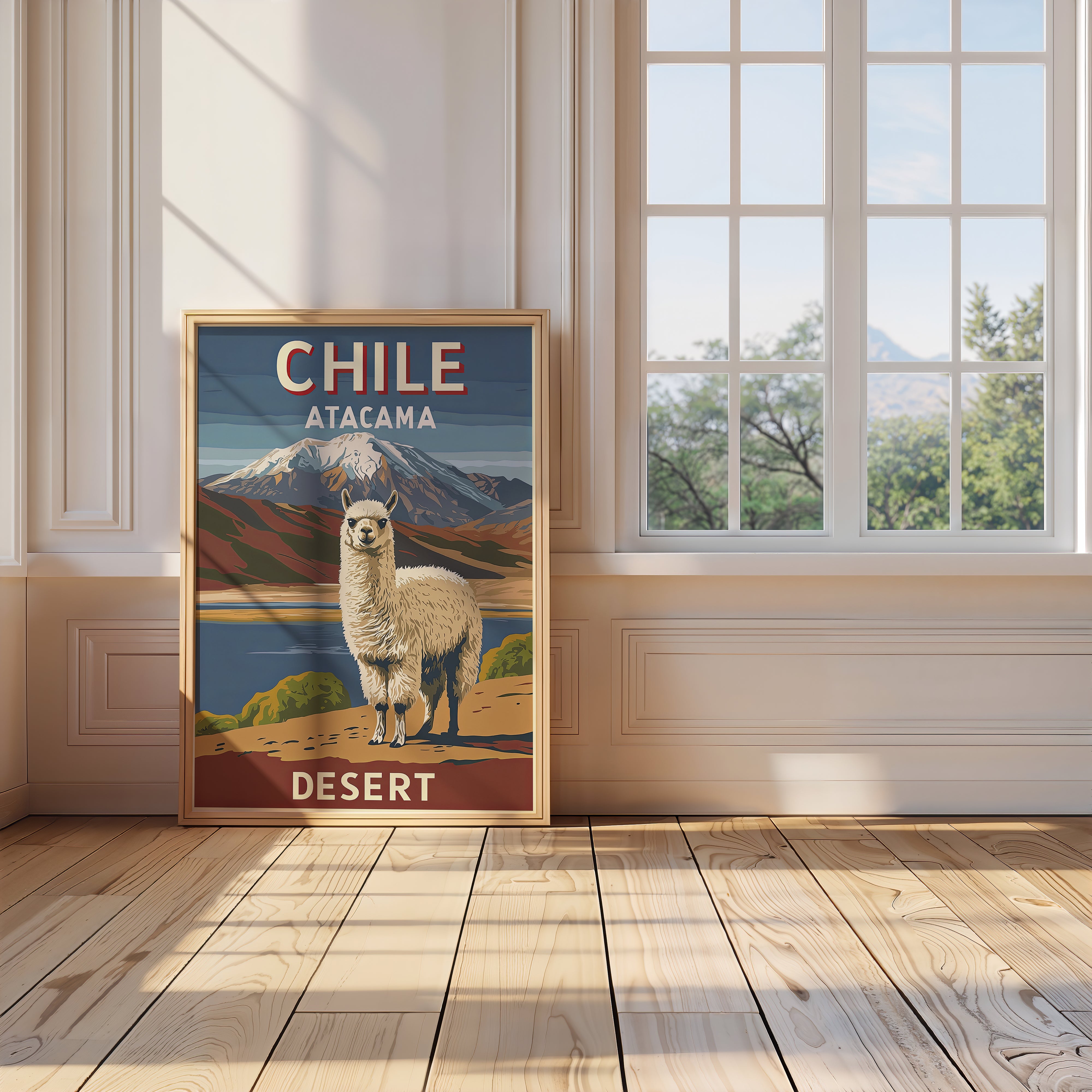 Vintage travel poster of Chile featuring an alpaca in the Atacama Desert with Andes mountains in the background.