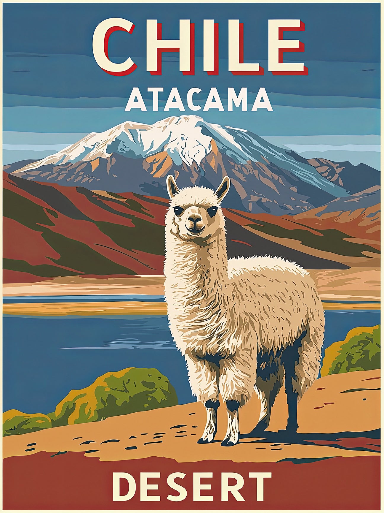 Vintage travel poster of Chile featuring an alpaca in the Atacama Desert with Andes mountains in the background.