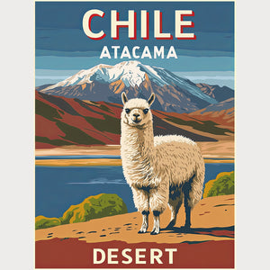 Vintage travel poster of Chile's Atacama Desert featuring an alpaca and the Andes mountains in the background.