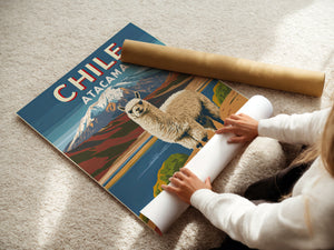 Vintage travel poster of Chile featuring an alpaca and the Andes mountains, highlighting the Atacama Desert.