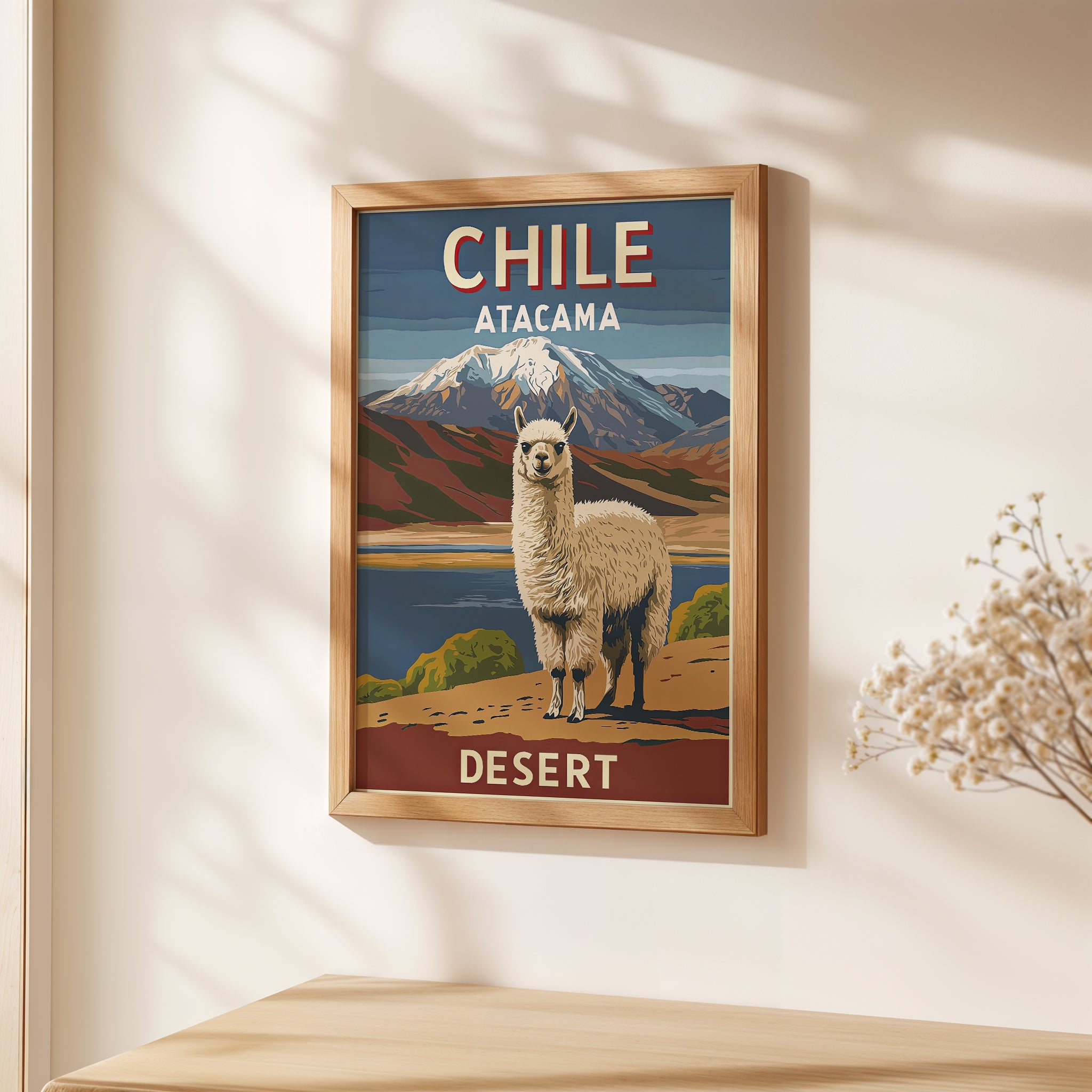 Vintage travel poster of Chile featuring an alpaca in the Atacama Desert with the Andes mountains in the background.