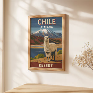 Vintage travel poster of Chile featuring an alpaca in the Atacama Desert with the Andes mountains in the background.