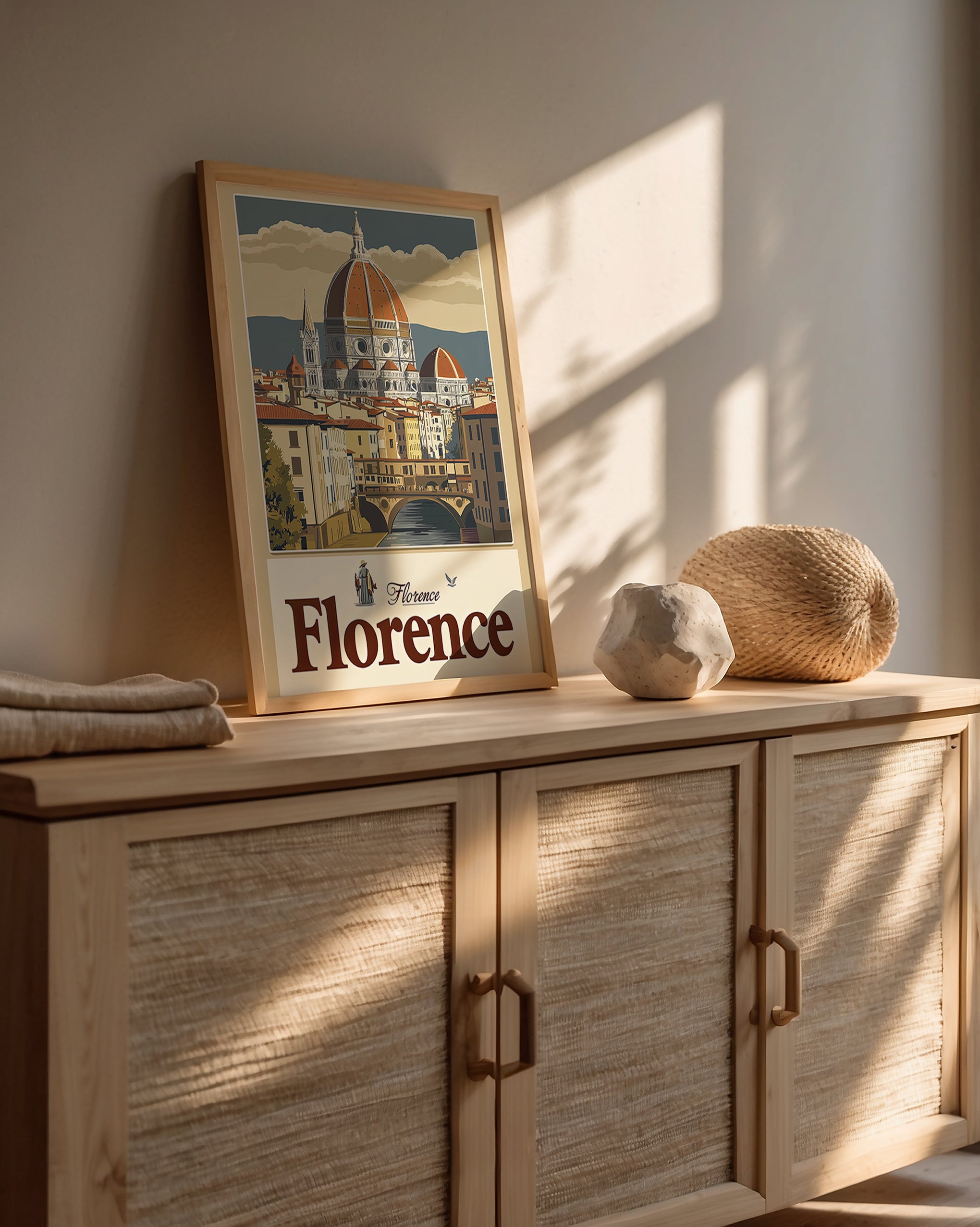 Vintage travel poster of Florence featuring the Duomo and Ponte Vecchio, styled in warm sunlight.