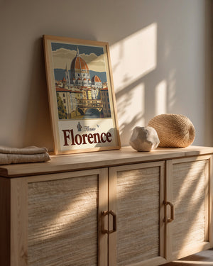 Vintage travel poster of Florence featuring the Duomo and Ponte Vecchio, styled in warm sunlight.