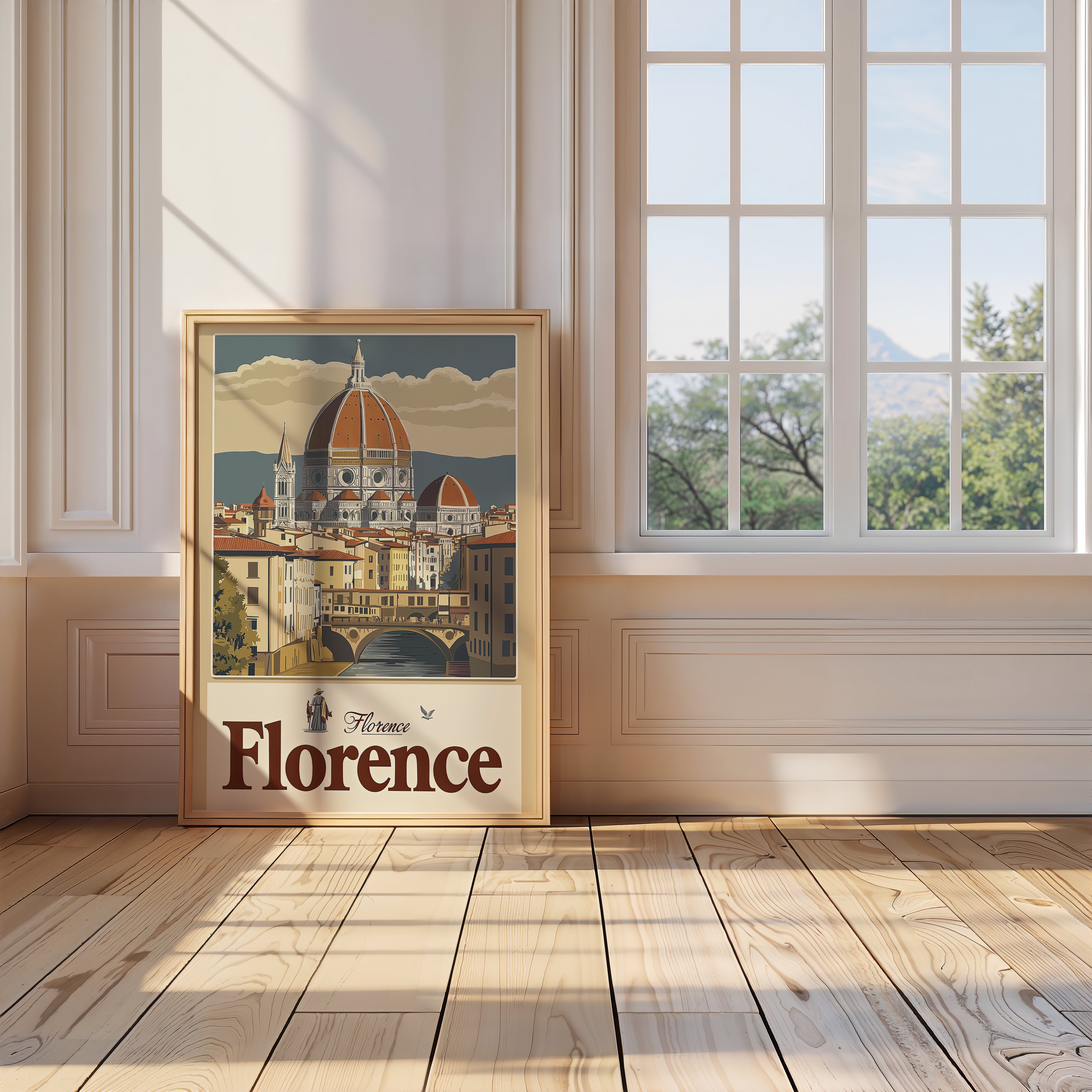 Vintage travel poster showcasing Florence's Duomo and cityscape, perfect wall art for architecture lovers.