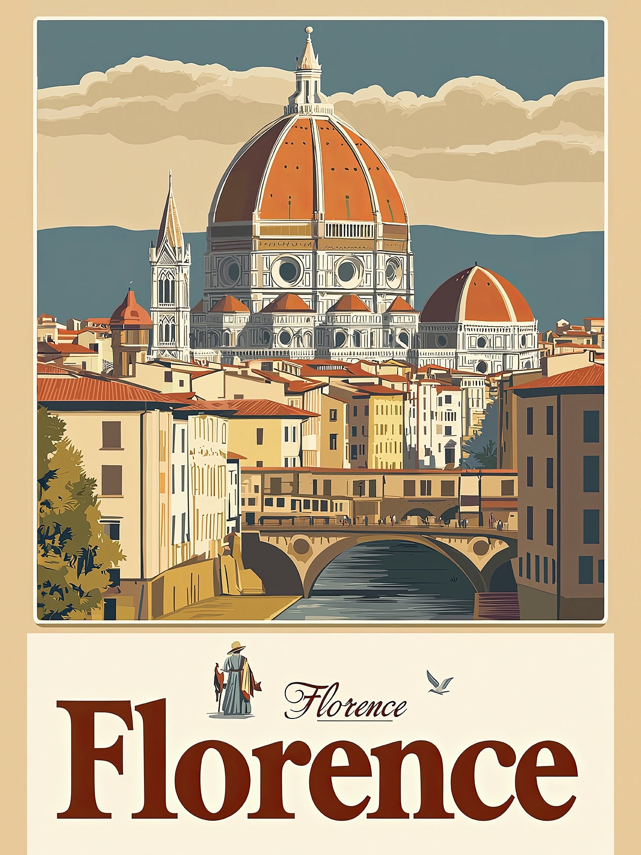 Vintage travel poster of Florence showcasing the iconic Duomo and Ponte Vecchio in a classic cityscape art print.