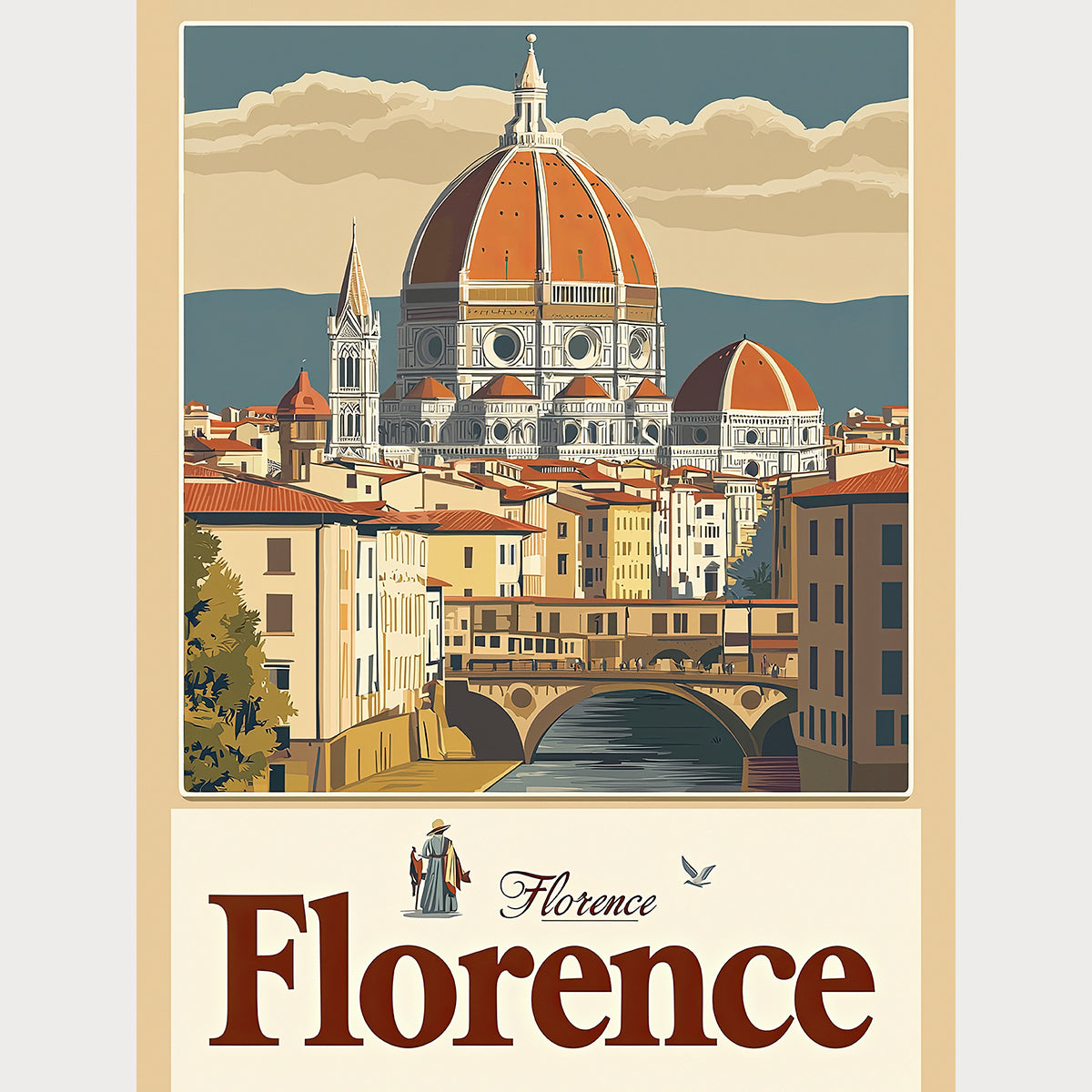 Vintage travel poster showcasing Florence, Italy with the iconic Duomo and cityscape details, perfect for wall art.