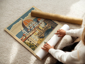 Vintage travel poster of Florence's Duomo and Ponte Vecchio, ideal wall art for lovers of Italian architecture.