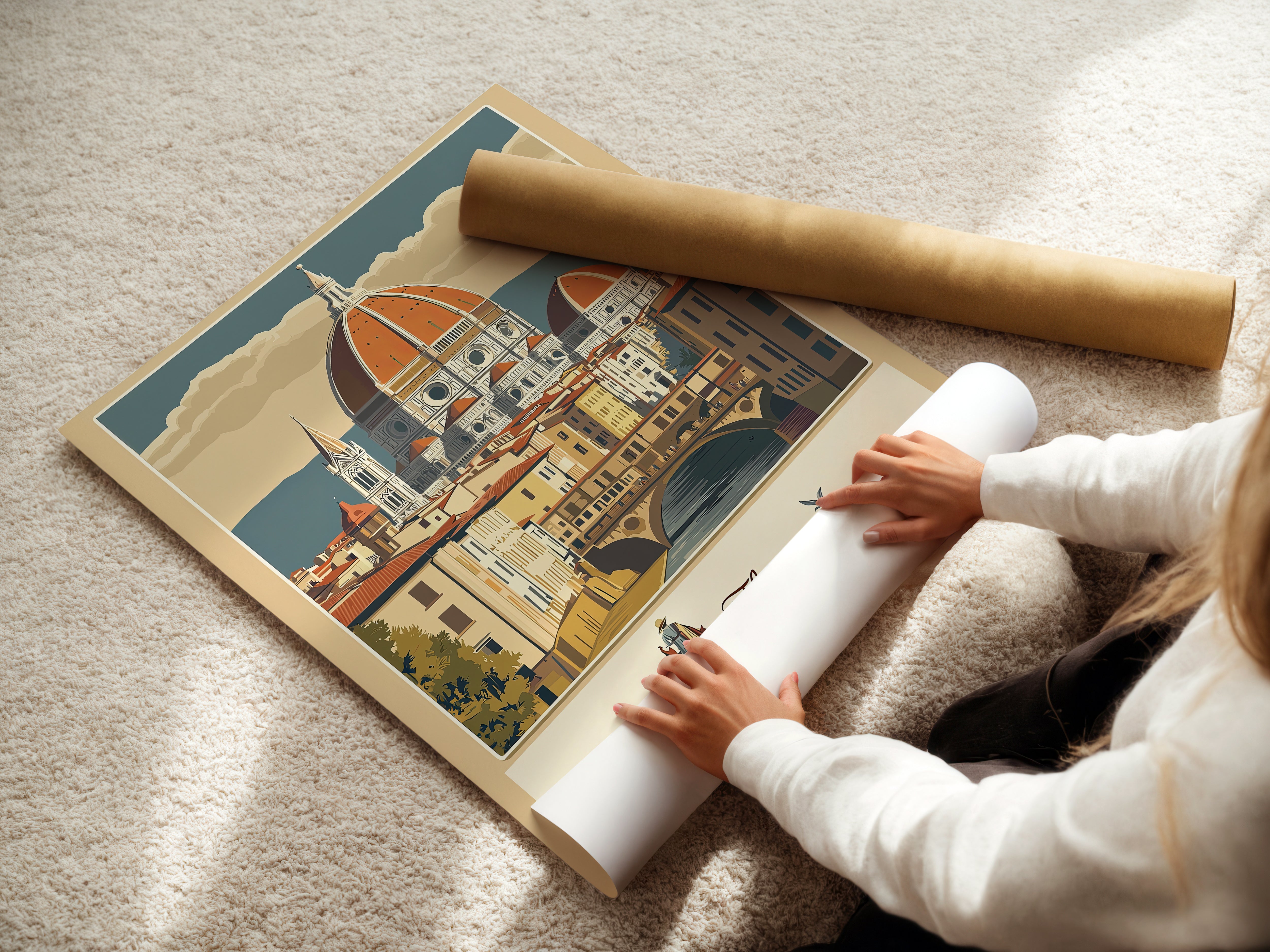 Vintage travel poster of Florence's Duomo and Ponte Vecchio, ideal wall art for lovers of Italian architecture.
