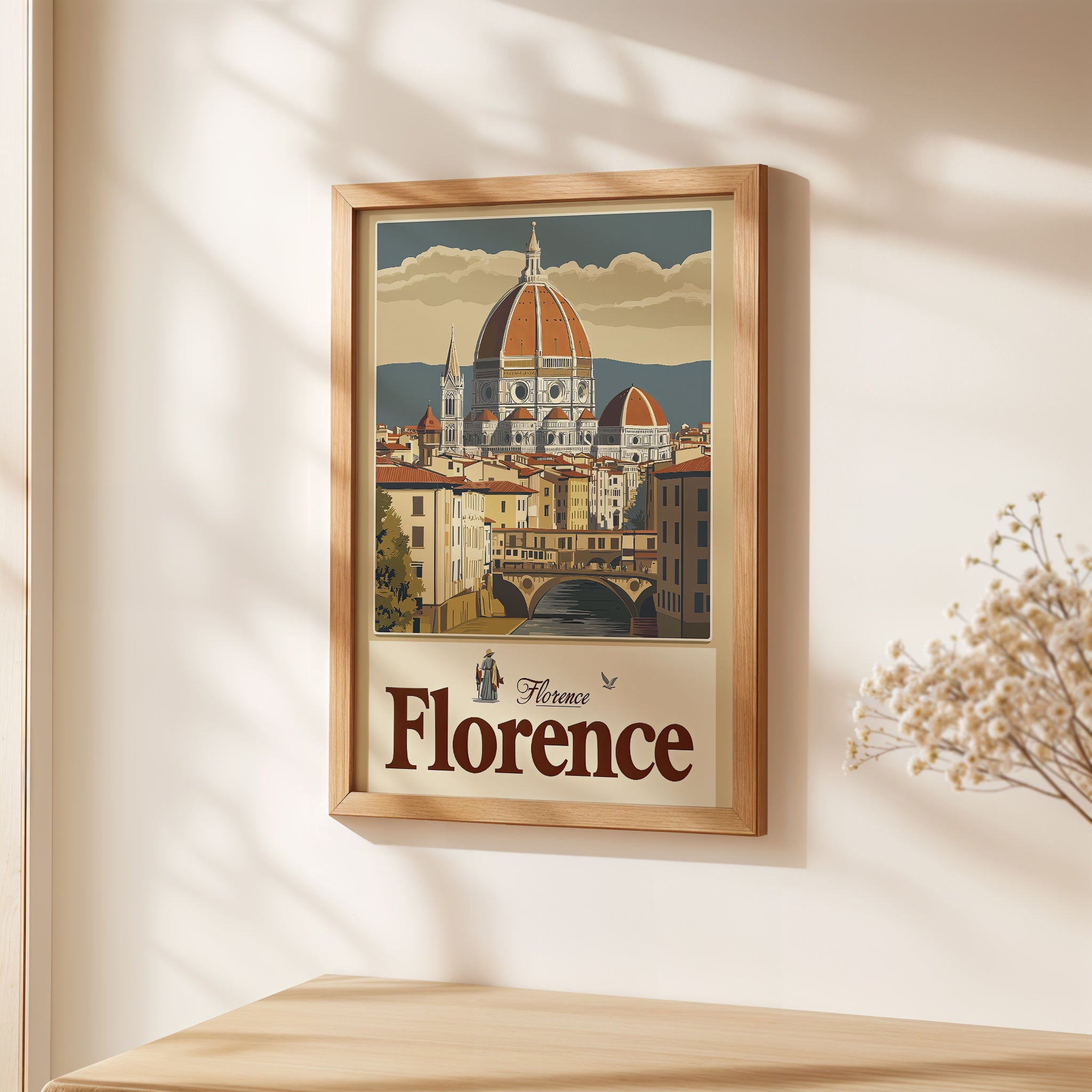 Vintage travel poster of Florence showcasing Duomo and Ponte Vecchio in a stylish wall art print.