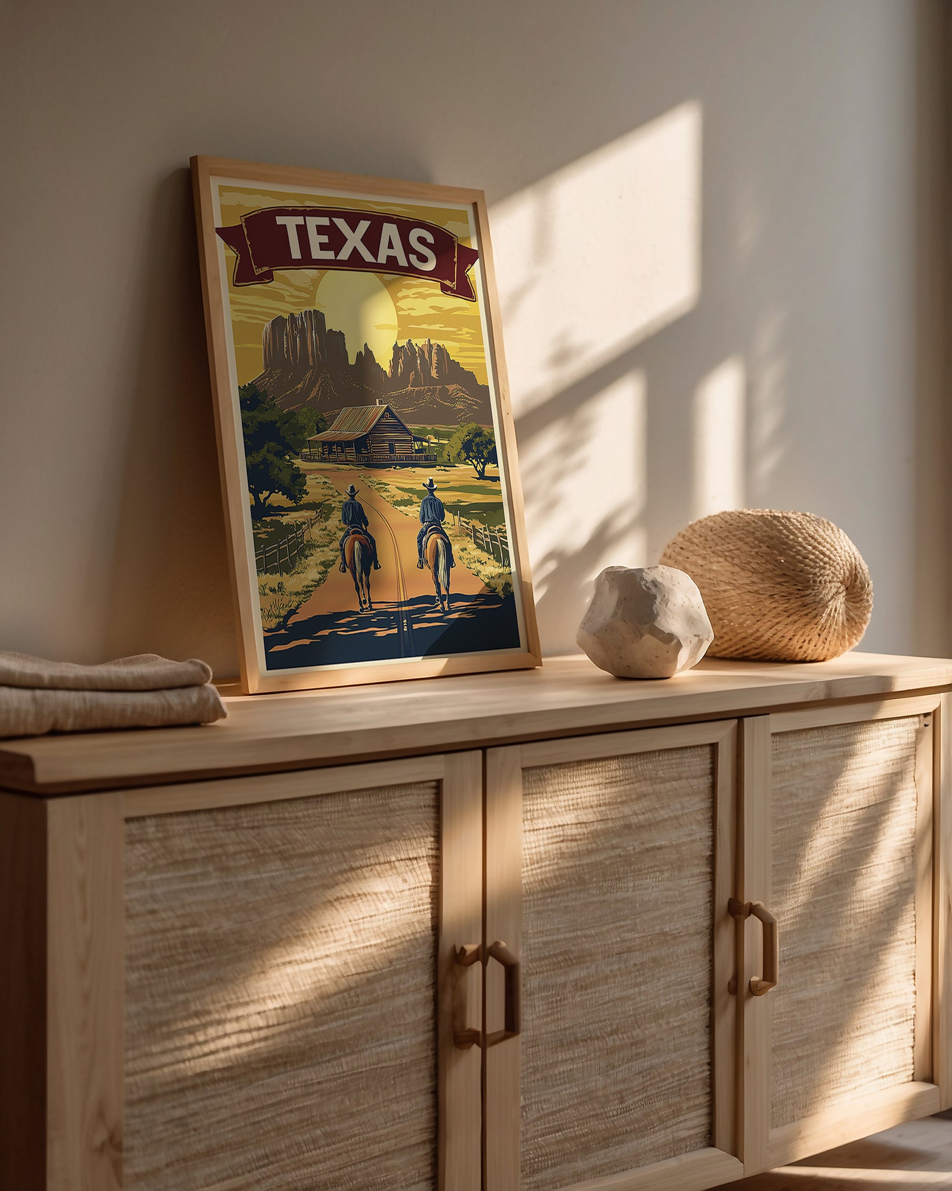Vintage Texas travel poster featuring cowboys on horseback near a ranch and canyons, ideal wall art for western decor.