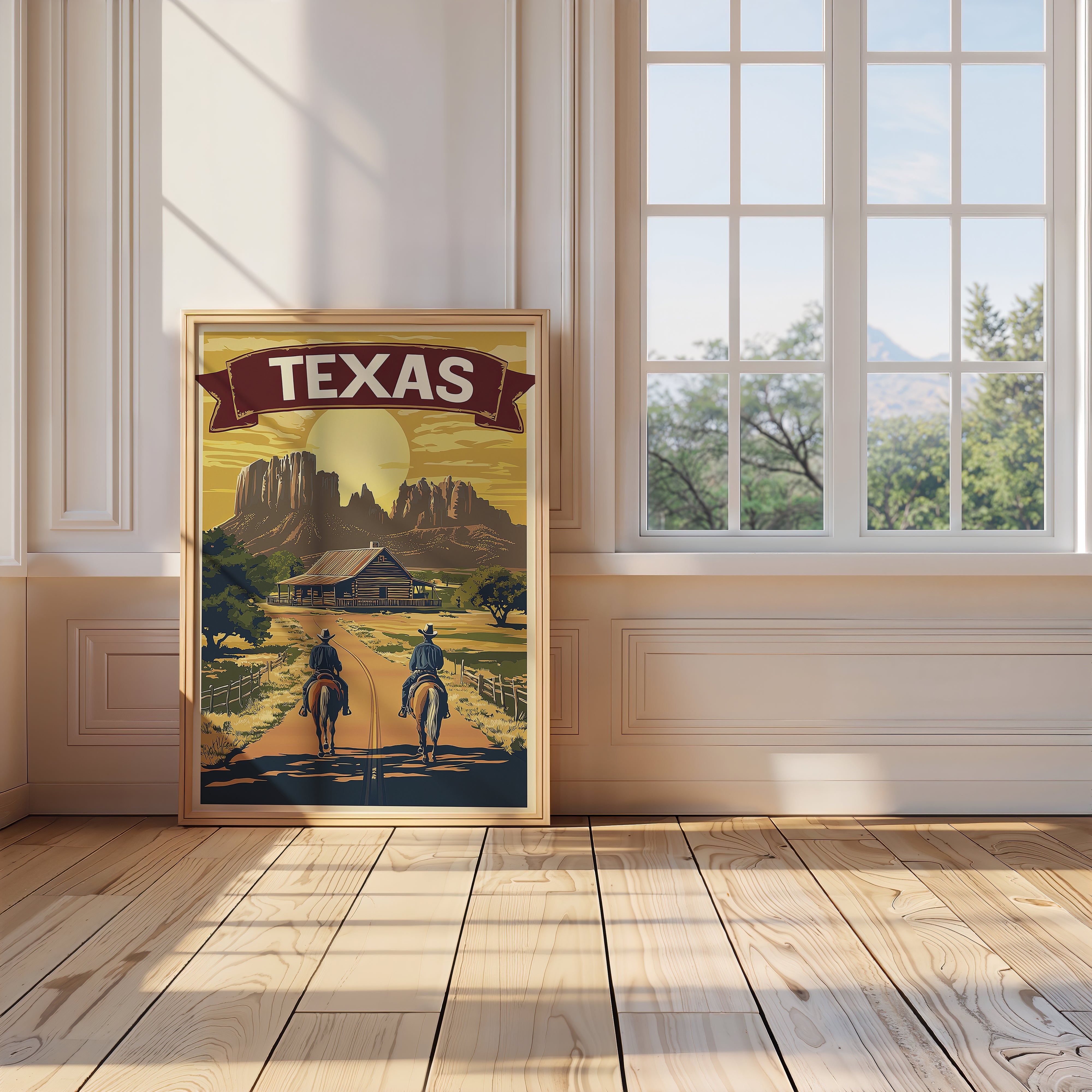 Vintage Texas travel poster featuring cowboys on horses near a ranch and canyons, creating nostalgic wall art.