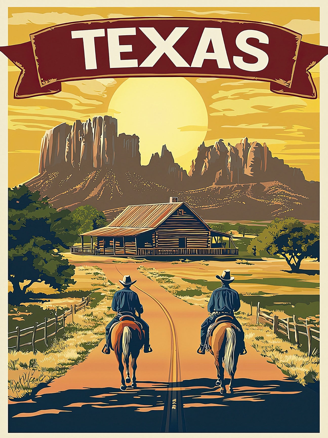 Vintage Texas travel poster featuring cowboys on horseback approaching a cabin with mountains and sunset.