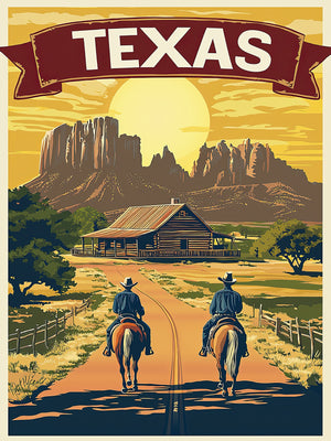 Vintage Texas travel poster featuring cowboys on horseback approaching a cabin with mountains and sunset.