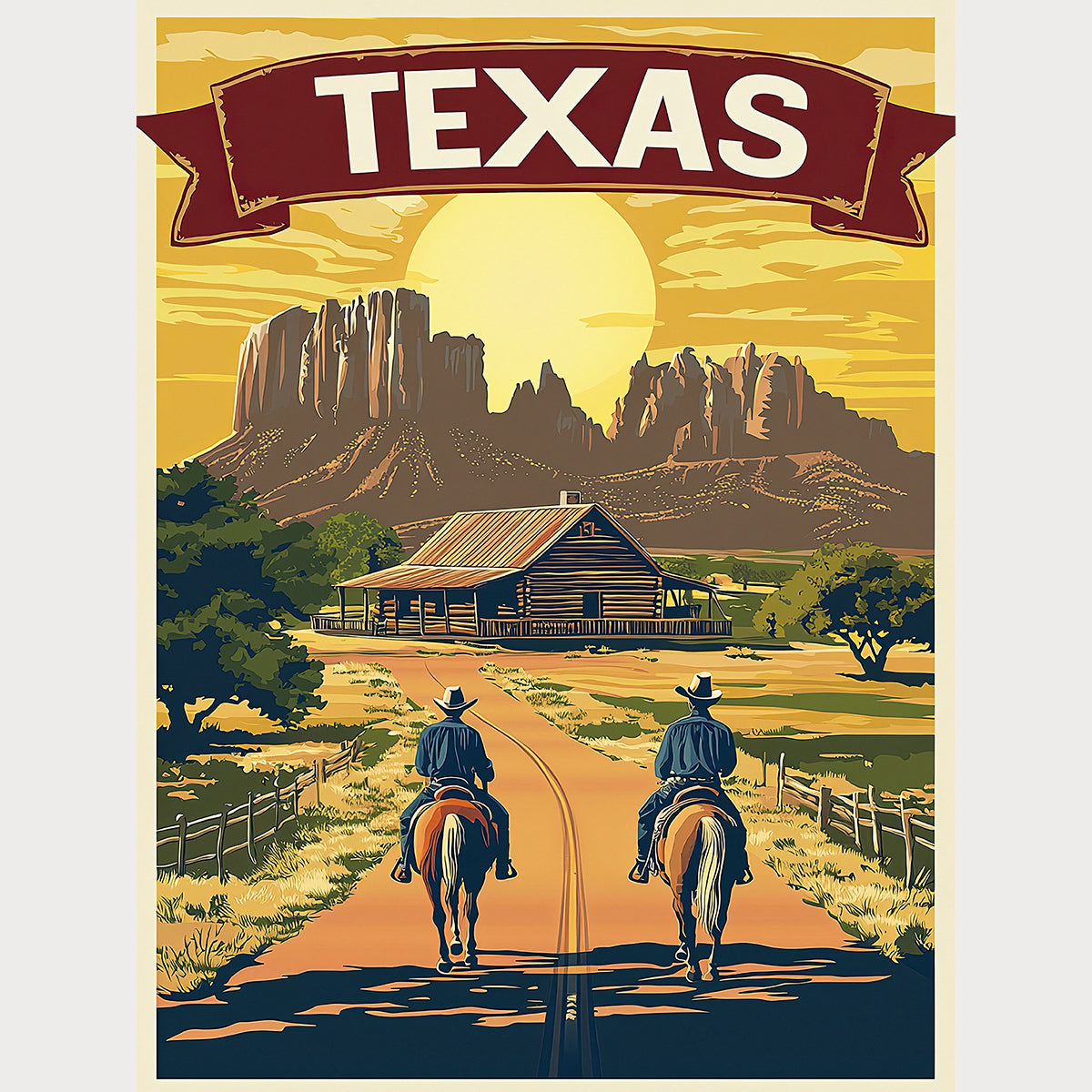 Vintage Texas travel poster featuring cowboys on horseback near a ranch at sunset.