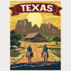 Vintage Texas travel poster featuring cowboys on horseback near a ranch at sunset.