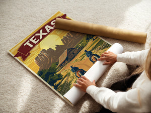 Person unrolling a vintage Texas travel poster featuring cowboys and canyons on a soft carpet.