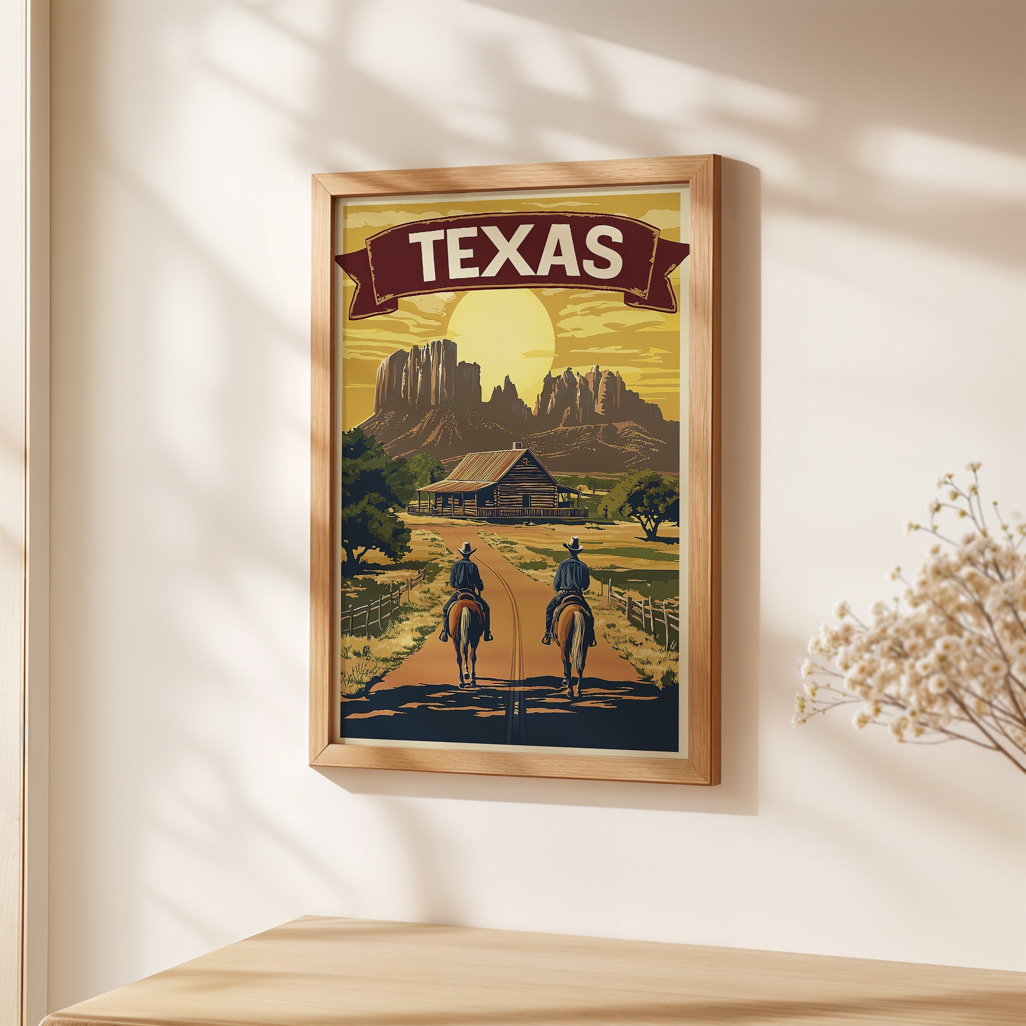 Vintage Texas travel poster featuring two cowboys on horseback approaching a ranch and mountains at sunset.