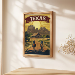Vintage Texas travel poster featuring two cowboys on horseback approaching a ranch and mountains at sunset.