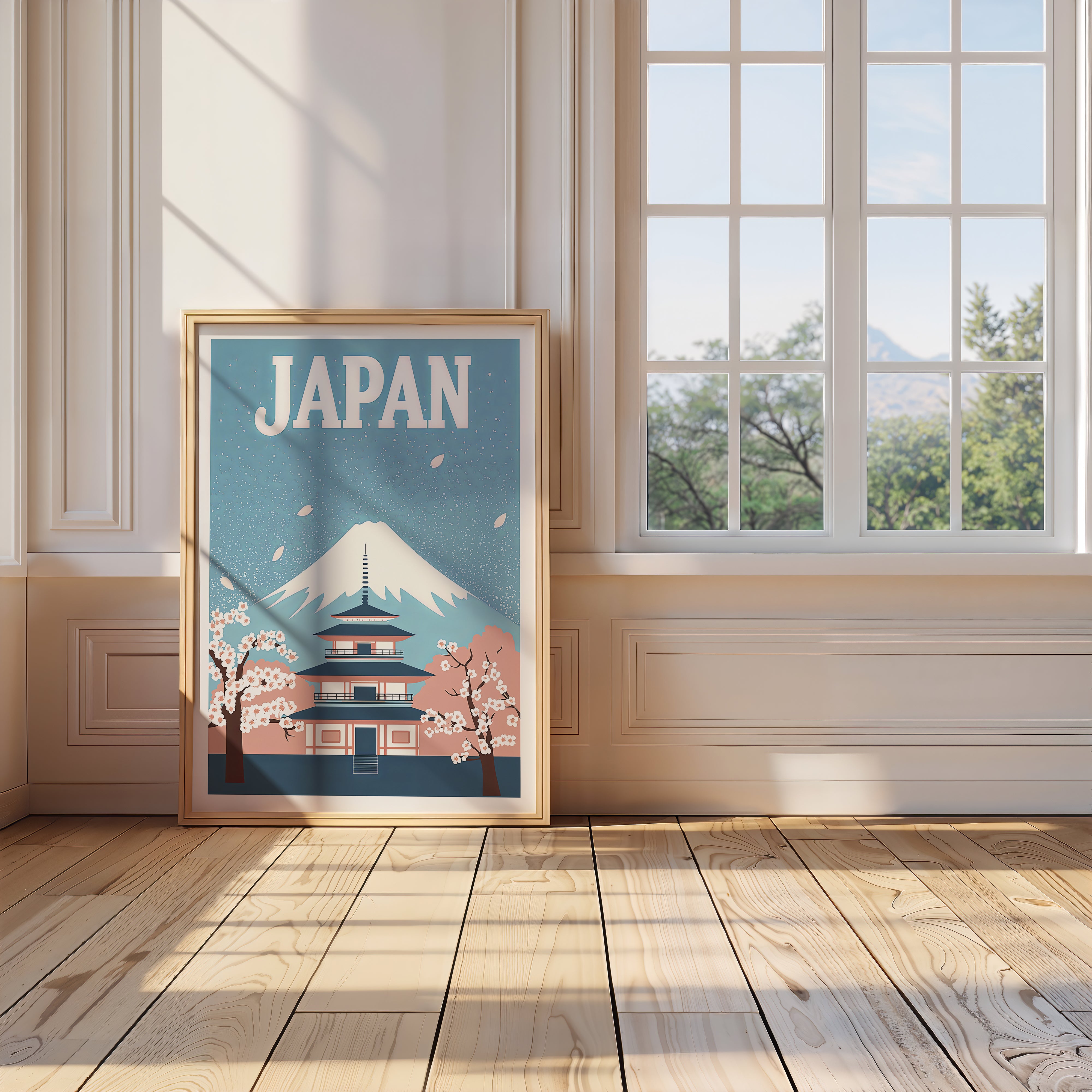 Vintage travel poster depicting Mount Fuji and a pagoda framed by cherry blossoms in a bright room.