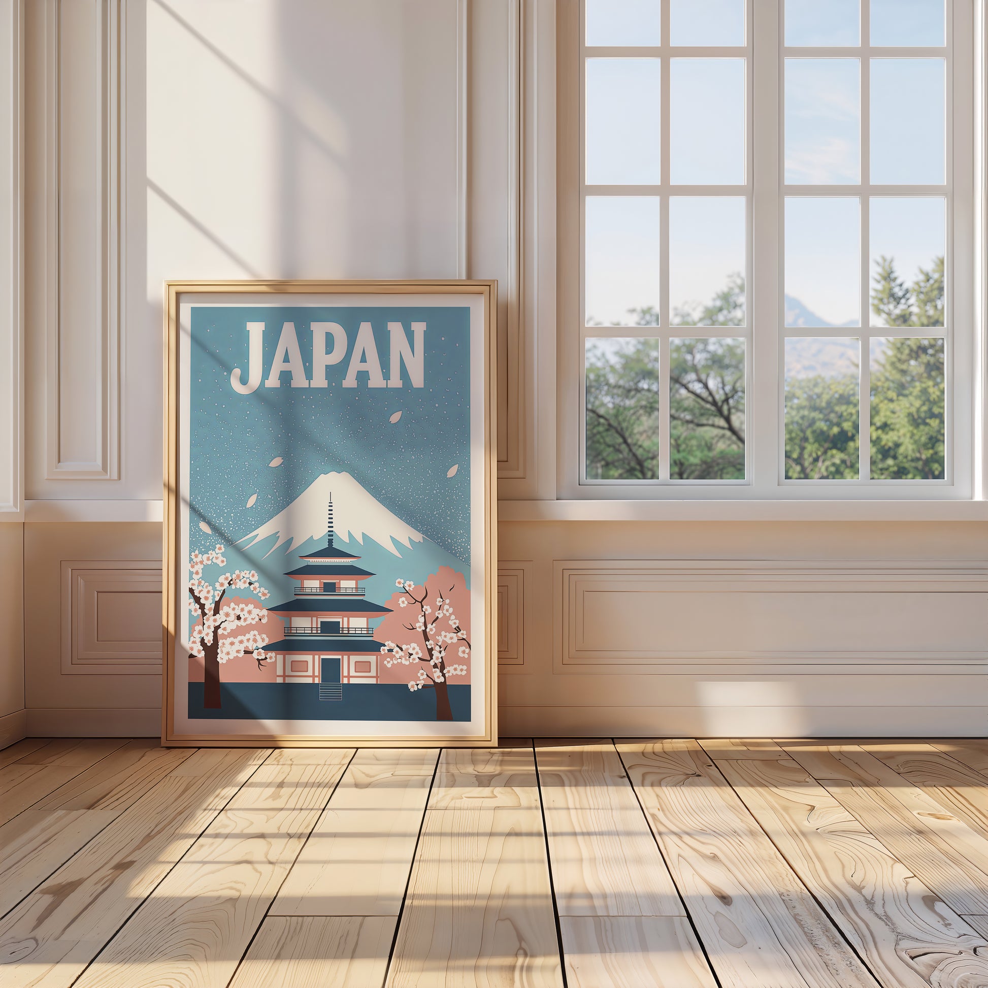 Vintage travel poster depicting Mount Fuji and a pagoda framed by cherry blossoms in a bright room.