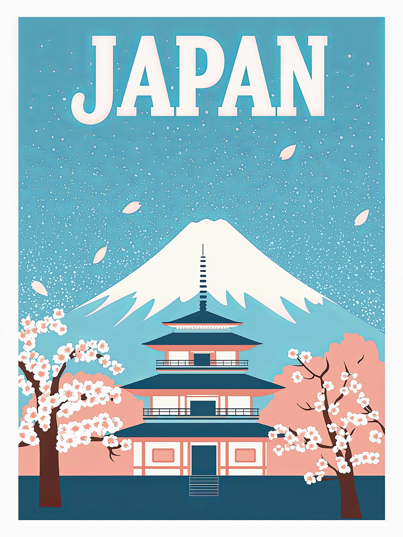 Vintage travel poster of Japan featuring Mount Fuji and cherry blossoms.