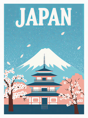 Vintage travel poster of Japan featuring Mount Fuji and cherry blossoms.