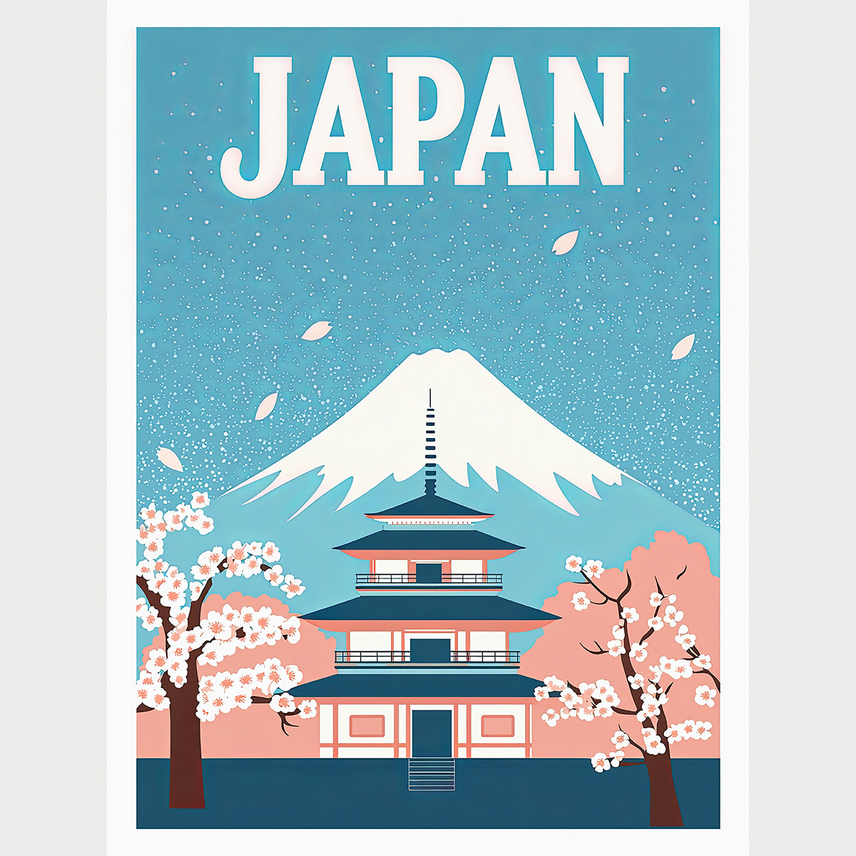 Vintage travel poster featuring Mount Fuji and cherry blossoms, showcasing Japanese culture and elegance.