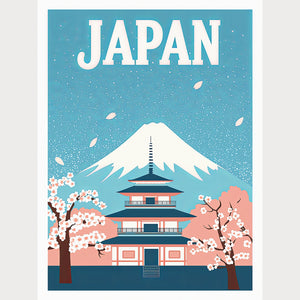Vintage travel poster featuring Mount Fuji and cherry blossoms, showcasing Japanese culture and elegance.
