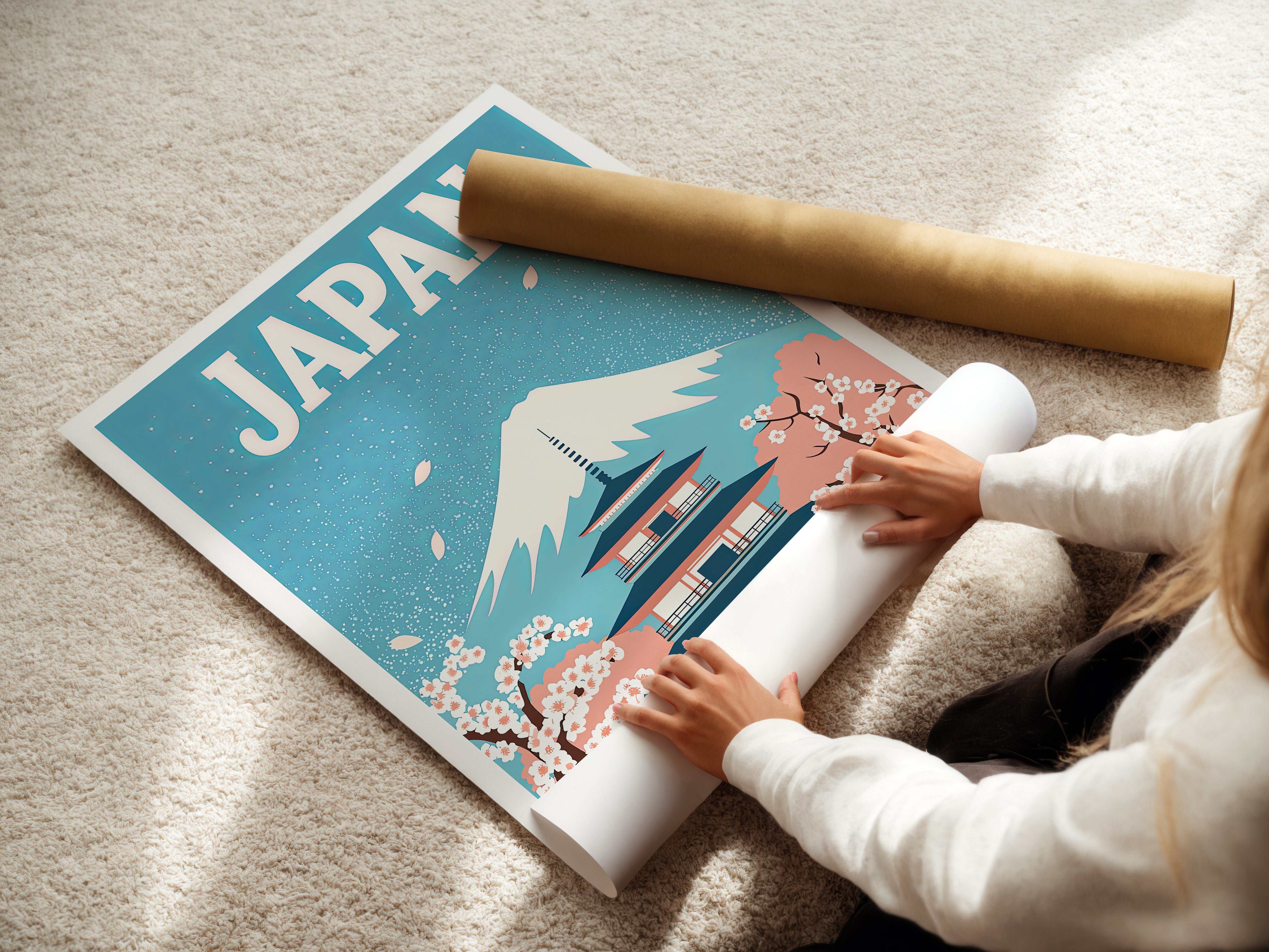 Woman unrolling vintage travel poster of Japan featuring cherry blossoms and Mount Fuji.
