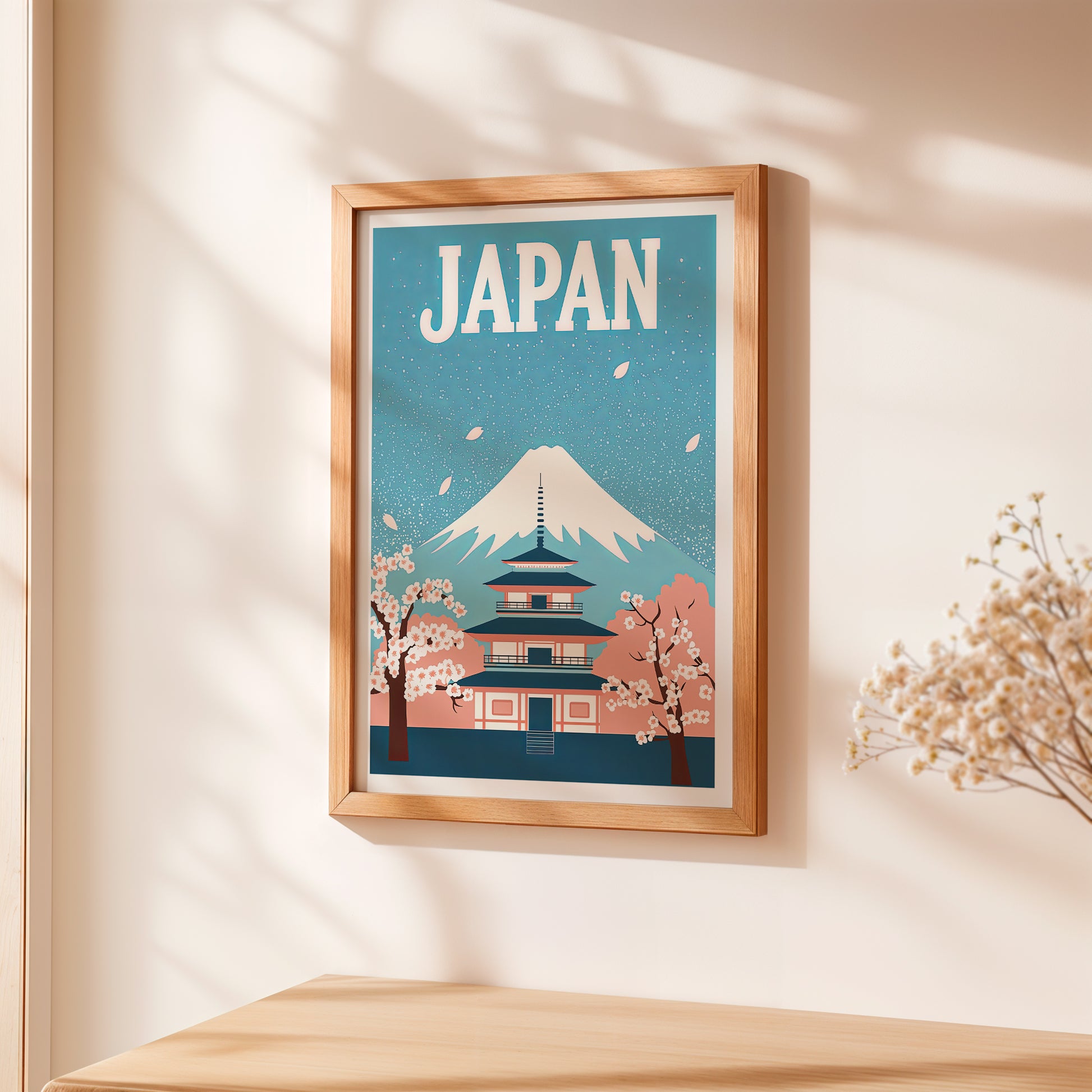 Vintage travel poster of Japan featuring Mount Fuji, a pagoda, and cherry blossoms in pastel colors.