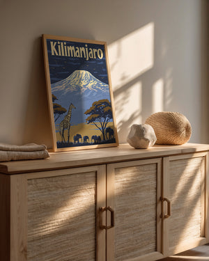 Vintage travel poster of Kilimanjaro with giraffes and elephants, wall art showcasing African landscapes.