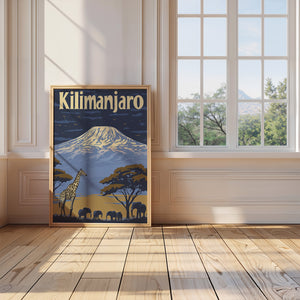 Vintage travel poster of Kilimanjaro with giraffe, elephants, and acacia trees showcasing Africa's landscape.
