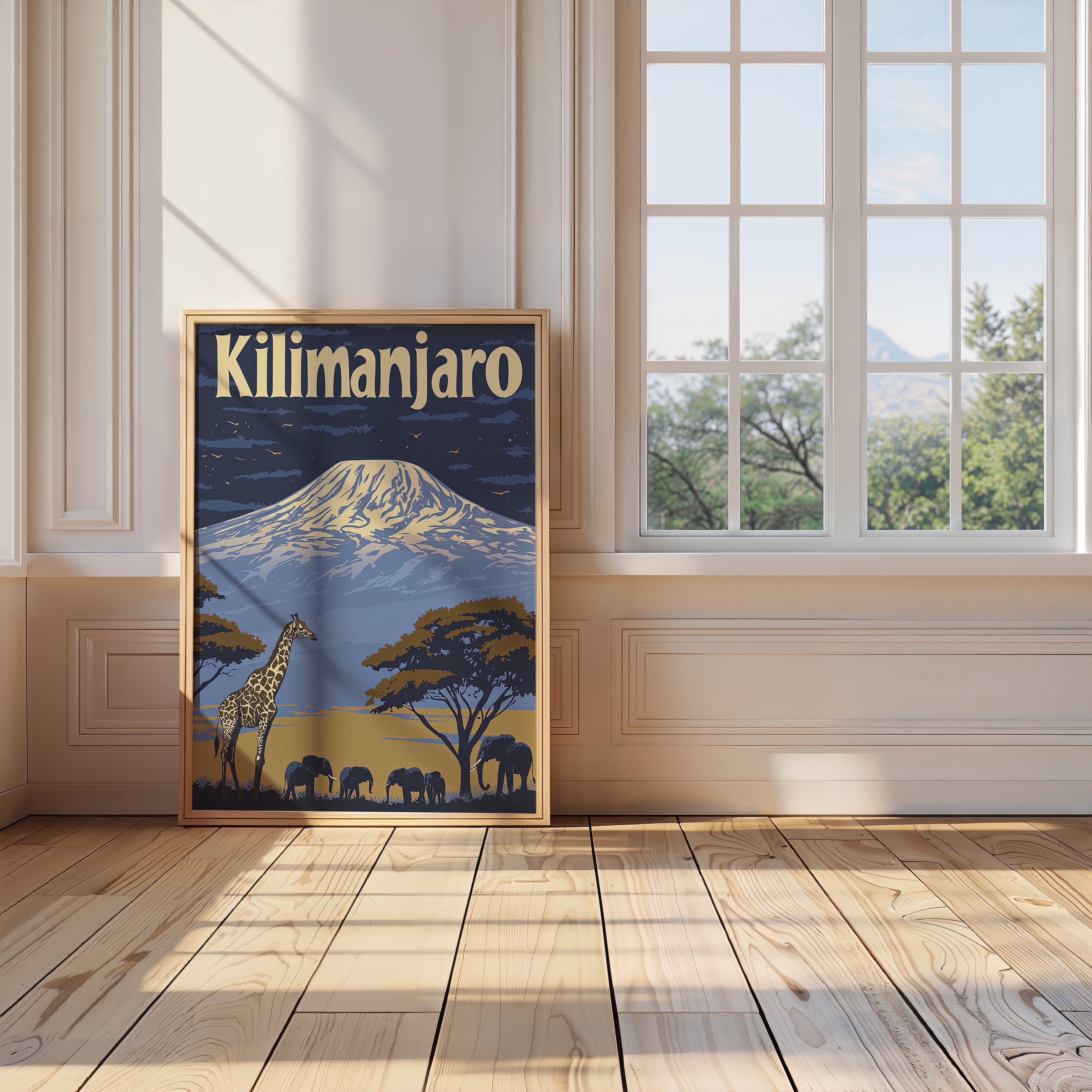 Vintage travel poster of Kilimanjaro with giraffe, elephants, and acacia trees showcasing Africa's landscape.